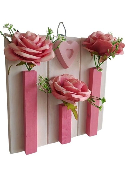 Ahşap Pembe Beyaz Kalpli Duvar Çiçekliği Pembe Gül Yapay Çiçek 25 x 25 cm fiyatları