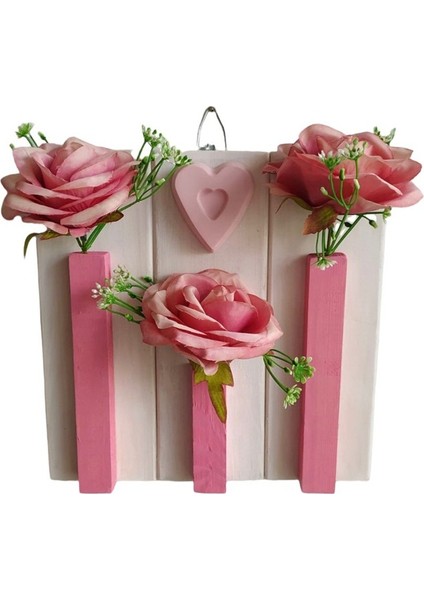 Ahşap Pembe Beyaz Kalpli Duvar Çiçekliği Pembe Gül Yapay Çiçek 25 x 25 cm modelleri