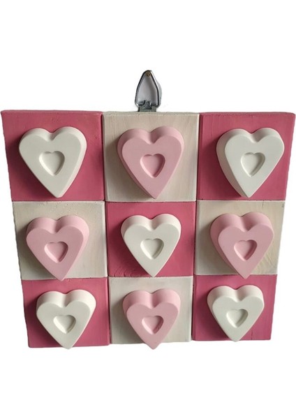 Ahşap Pembe Beyaz Kalpli Duvar Dekoru Duvar Süsü 25 x 25 cm