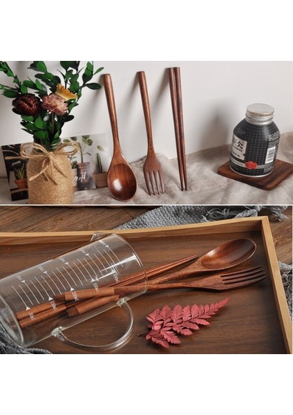 3 Parça Taşınabilir Masif Ahşap Uzun Saplı Kaşık Sofra Takımı Set - Kahverengi (Yurt Dışından) fiyatları