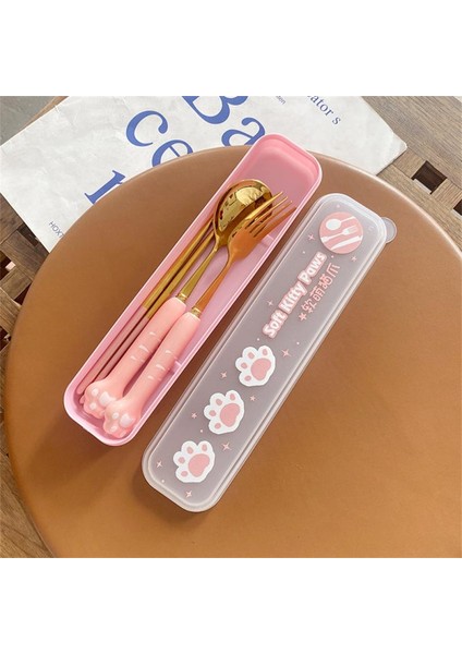 3'ü 1 Arada Taşınabilir Piknik Kedi Pençesi Çatal Kaşık Set - Pembe (Yurt Dışından)