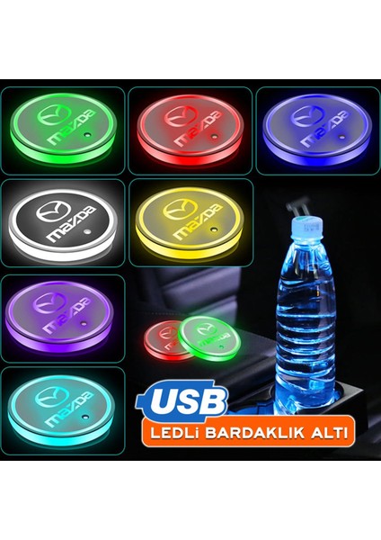 Mısırlı Grup Mazda Uyumlu 2 Adet Ledli Bardak Altı Logo USB Şarjlı Gece Sensörü 7 Farklı Renk