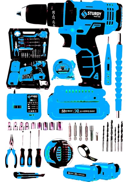 Japon Technology Seri 58V8AH Lion Çift Akülü Turbo Şarjlı Matkap C-R Full 39 Parça Setli