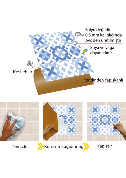 Kendinden Yapışkanlı Mavi Çiçek Desenli Pvc Karo 30x30 Cm 11 Adet 1 M2