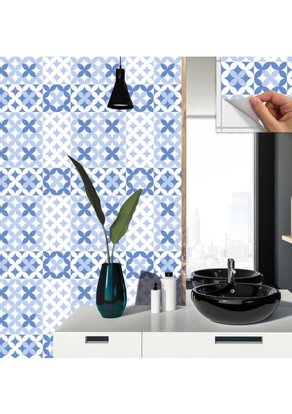 Kendinden Yapışkanlı Mavi Çiçek Desenli Pvc Karo 30x30 Cm 11 Adet 1 M2