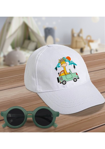 Kids Sevimli Zürafa Tasarımlı Beyaz Cotton Çocuk Şapkası ve Yeşil Çocuk Güneş Gözlüğü Hediye Seti-2