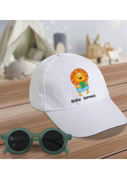 Kids Hello Summer Tasarımlı Beyaz Cotton Çocuk Şapkası ve Yeşil Çocuk Güneş Gözlüğü Hediye Seti