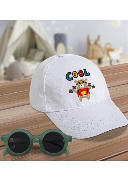Kids Cool Tasarımlı Beyaz Cotton Çocuk Şapkası ve Yeşil Çocuk Güneş Gözlüğü Hediye Seti-2