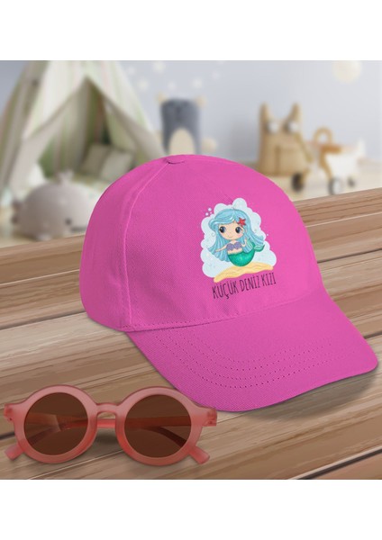 Kids Küçük Deniz Kızı Tasarımlı Pembe Cotton Çocuk Şapkası ve Pembe Çocuk Güneş Gözlüğü Hediye Seti