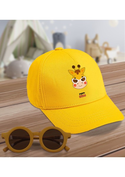 Kids Super Hero Tasarımlı Sarı Cotton Çocuk Şapkası ve Sarı Çocuk Güneş Gözlüğü Hediye Seti-1