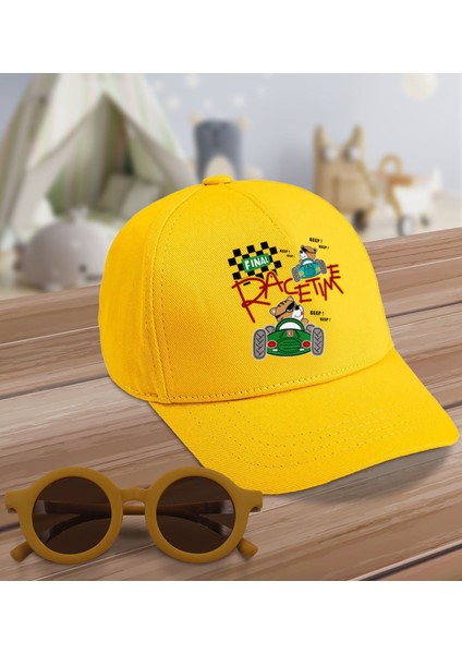 Kids Race Time Tasarımlı Sarı Cotton Çocuk Şapkası ve Sarı Çocuk Güneş Gözlüğü Hediye Seti