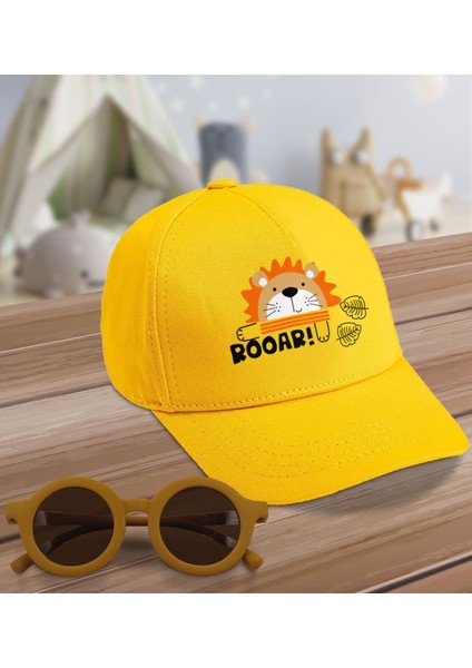 Kids Roar Tasarımlı Sarı Cotton Çocuk Şapkası ve Sarı Çocuk Güneş Gözlüğü Hediye Seti