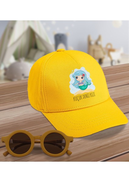 Kids Küçük Deniz Kızı Tasarımlı Sarı Cotton Çocuk Şapkası ve Sarı Çocuk Güneş Gözlüğü Hediye Seti