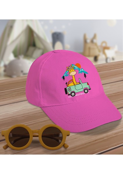 Kids Sevimli Zürafa Tasarımlı Pembe Cotton Çocuk Şapkası ve Sarı Çocuk Güneş Gözlüğü Hediye Seti-2