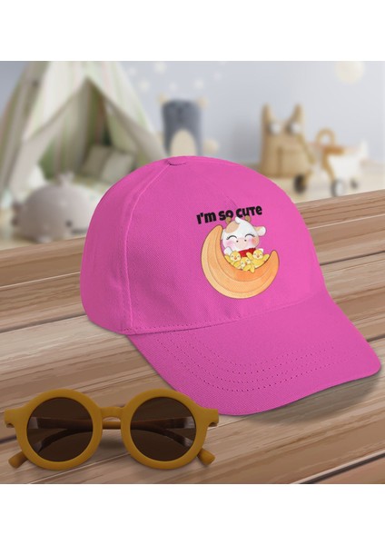Kids I'm So Cute Tasarımlı Pembe Cotton Çocuk Şapkası ve Sarı Çocuk Güneş Gözlüğü Hediye Seti