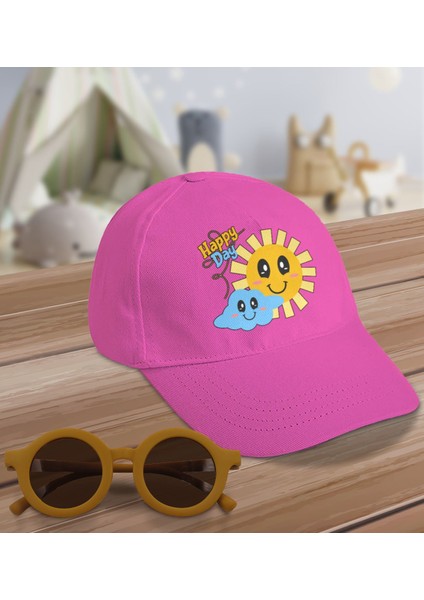 Kids Happy Day Tasarımlı Pembe Cotton Çocuk Şapkası ve Sarı Çocuk Güneş Gözlüğü Hediye Seti