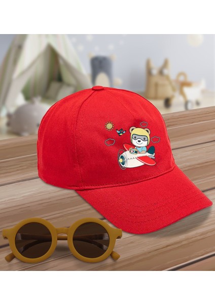 Kids Sevimli Pilot Tasarımlı Kırmızı Cotton Çocuk Şapkası ve Sarı Çocuk Güneş Gözlüğü Hediye Seti-2