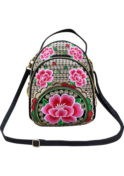 Kadın Vintage Mini Sırt Çantası Çiçek Işlemeli Zip Seyahat Çantası (Yurt Dışından)