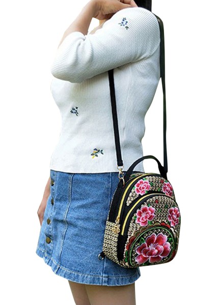 Kadın Vintage Mini Sırt Çantası Çiçek Işlemeli Zip Seyahat Çantası (Yurt Dışından) modelleri