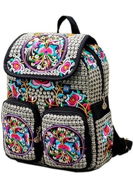 Çiçek Işlemeli Kanvas Kadın Sırt Çantası Çok Cepli Flap Seyahat Çantası (Yurt Dışından)