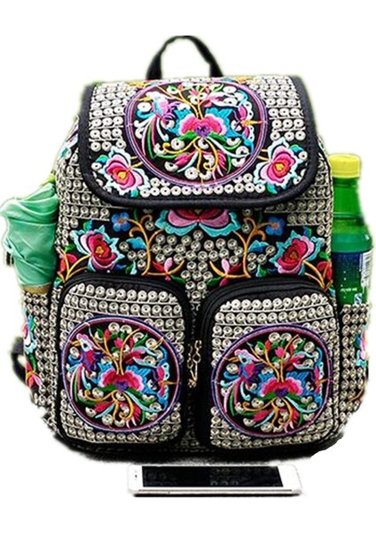 Çiçek Işlemeli Kanvas Kadın Sırt Çantası Çok Cepli Flap Seyahat Çantası (Yurt Dışından) modelleri