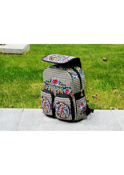 Çiçek Işlemeli Kanvas Kadın Sırt Çantası Çok Cepli Flap Seyahat Çantası (Yurt Dışından) indirimleri