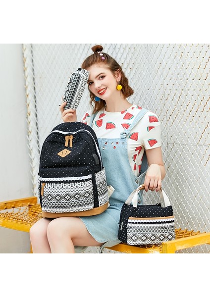 3 Adet Çocuk Ulusal Nokta Tuval Sırt Çantası Kız Kalem Kutusu Okul Çantası Seti Öğle Yemeği Çantası (Yurt Dışından) fiyatları