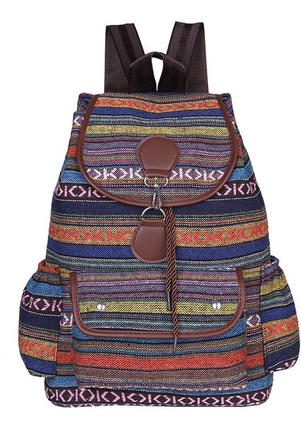 Kadın Çanta Etnik Şerit Kanvas Sırt Çantası Büyük Kapasiteli Retro Çanta (Yurt Dışından)