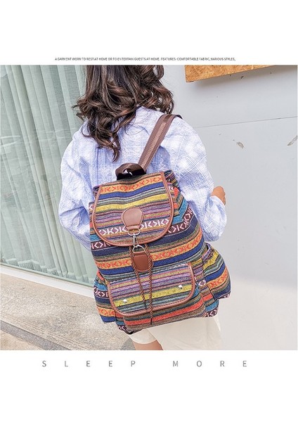 Kadın Çanta Etnik Şerit Kanvas Sırt Çantası Büyük Kapasiteli Retro Çanta (Yurt Dışından) fiyatları