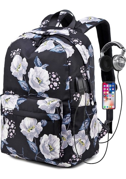Çocuk Kırık Çiçek Sırt Çantası Kız USB Şarj Edilebilir Naylon Su Geçirmez (Yurt Dışından)