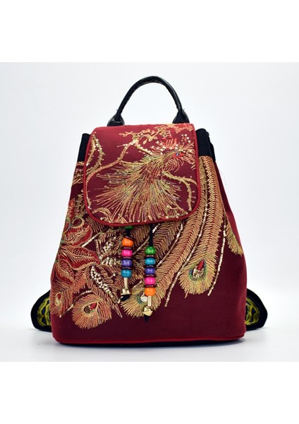 Tavuskuşu Işlemeli Sırt Çantası Ipli Kanvas El Yapımı Boncuklu Omuz Çantası (Yurt Dışından)