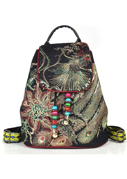 Tavuskuşu Işlemeli Sırt Çantası Ipli Kanvas El Yapımı Boncuklu Omuz Çantası (Yurt Dışından)