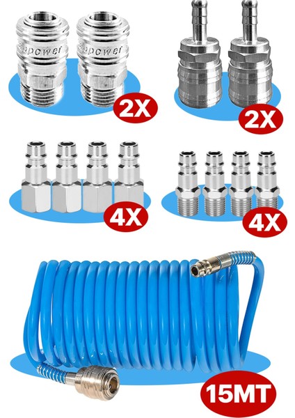 Kompresör Bağlantı Parçaları Hava Hortumu Bağlantı Parçası Soket Bağlantıları  15 Metre Hortum Set