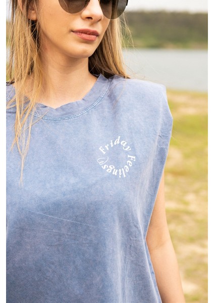 Indigo Yıkamalı Vatkalı Kolsuz T-Shirt modelleri