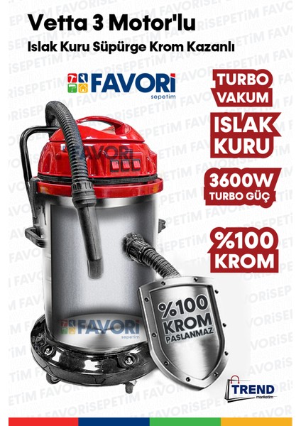 Herkoşulda Yüksek Vakum Gücü 3 Motorlu Islak -Kuru Krom Kazanlı Süpürge 3600w Aksesular