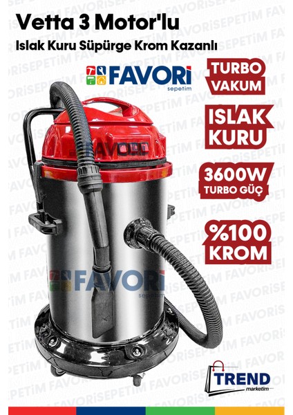 Herkoşulda Yüksek Vakum Gücü 3 Motorlu Islak -Kuru Krom Kazanlı Süpürge 3600w Aksesular
