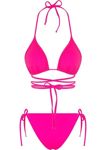 Fuşya Belden Bağcıklı Üçgen Bikini Takımı