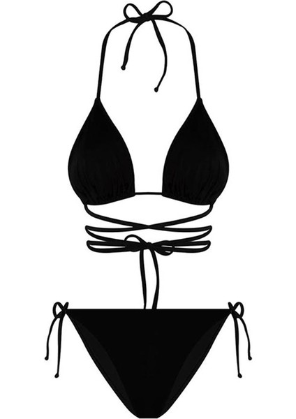Siyah Belden Bağcıklı Üçgen Bikini Takımı