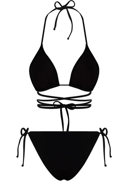 Siyah Belden Bağcıklı Üçgen Bikini Takımı