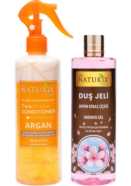 Bakımsız Saçlara Argan Yağlı Fön Suyu Iki Fazlı Sıvı Saç Kremi 400 Ml + Organik Japon Kirazı Duş Jeli 400 Ml