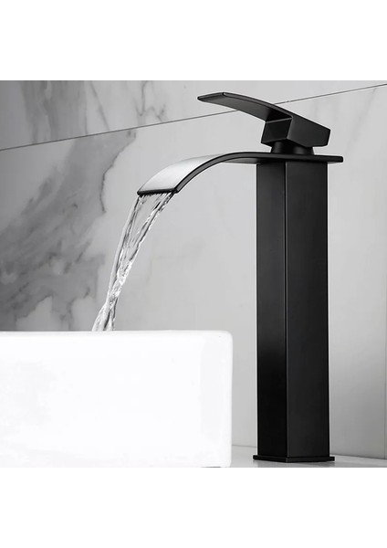 Siyah Kare Çanak Lavabo Bataryası Oval Çıkış Şelale Model Uzunyüksek Lavabo Musluğu Çift Girişli