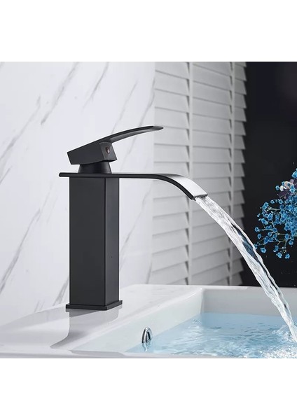 Siyah Kare Lavabo Bataryası Oval Çıkış Şelale Model Yüksek Kalite Lavabo Musluğu Çiftgirişli Armatür