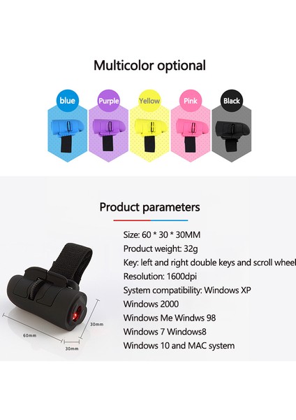 2.4g Kablosuz Mini Bluetooth Uyumlu Yüzüklü Parmak Mouse 1600 Dpı (Yurt Dışından)