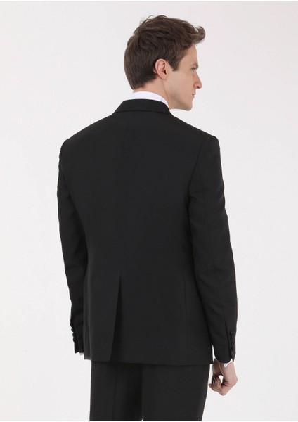 Siyah Düz Modern Fit Kruvaze Yaka Dokuma Smokin Takım Elbise fırsatları