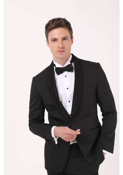 Siyah Mikro Modern Fit Şal Yaka Dokuma Smokin Takım Elbise fiyatları