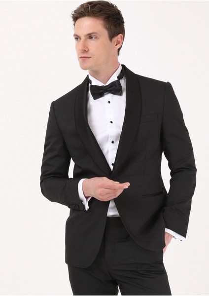 Siyah Mikro Modern Fit Şal Yaka Dokuma Smokin Takım Elbise modelleri
