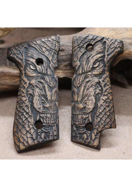 Beretta 92 Fs Kurt Kırmızı Göz Diş Ceviz Ahşap Kabze Kurt Desen T 13