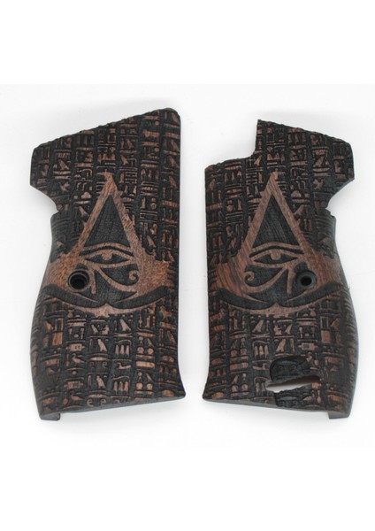 Sıg P210 Ortapedik Halkalı Horus Figürlü Ceviz Ağacı Ahşap Tabanca Kabzesi