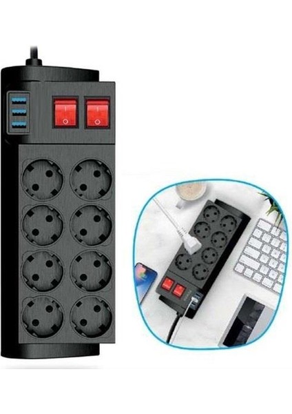 River World  2 Metre Termal Akım Korumalı 16 A 4000 W 8'li Priz ve 3 USB 'si Bulunan Isıya Dayanıklı Uzatma Kablosu