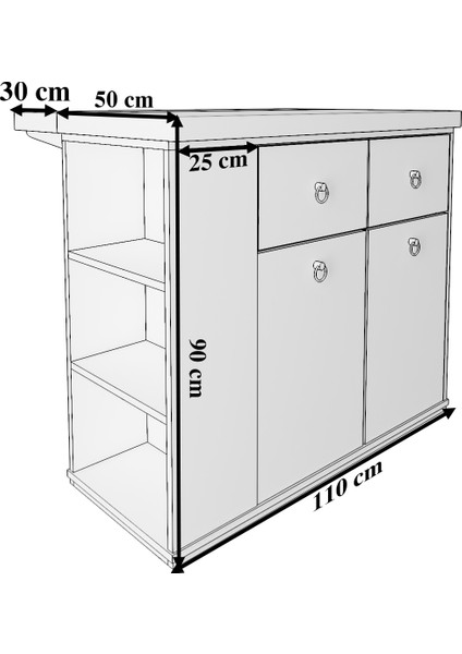 Rafineri Tasarım Lalin Mutfak Adası Dolaplı Çok Amaçlı Çekmeceli Kapaklı Mdf
